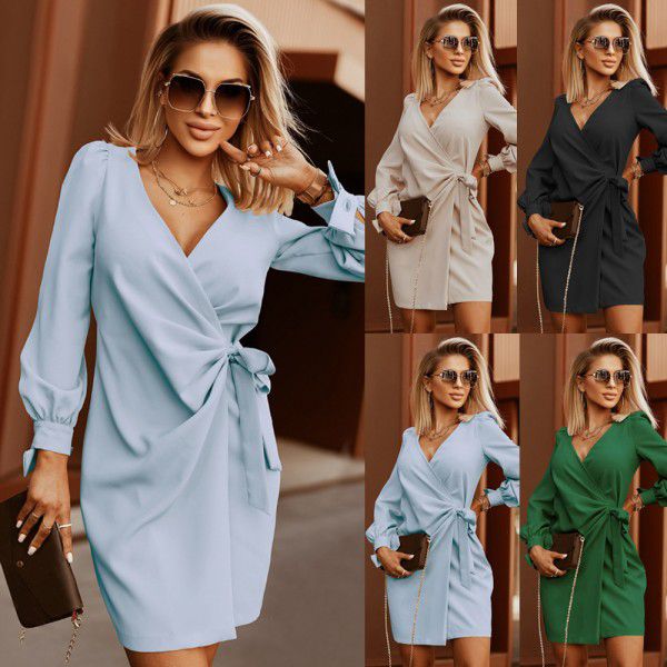 Temperament bubble sleeve V-neck lace-up dress son new autumn and winter women