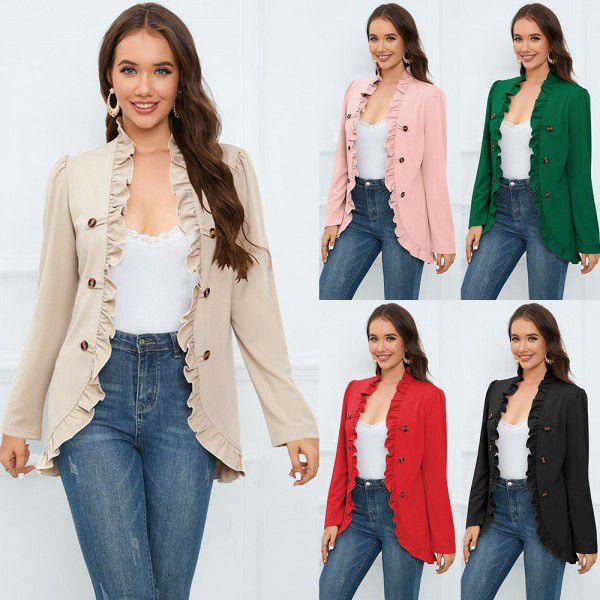 Women's ruffled cardigan button small coat foreign trade autumn and winter new long sleeve short small suit