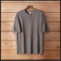 Vintage Henry Neck Men's Solid Loose Versatile Knitted Large Short Sleeve Men's T-Shirt 