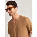 Summer new men's three-quarter sleeve V-neck loose cotton linen short-sleeved T-shirt 