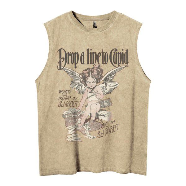 American vintage vintage vintage angel print sleeveless t-shirt fashion brand loose lovers casual sports vest men's T-shirt street 