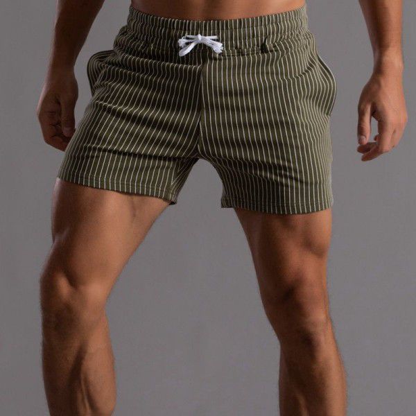 Vertical Stripe Pure Cotton Shorts Men's Large Sports Pants Men's Tripartite Pants Fitness Running Casual Pants Military Green 
