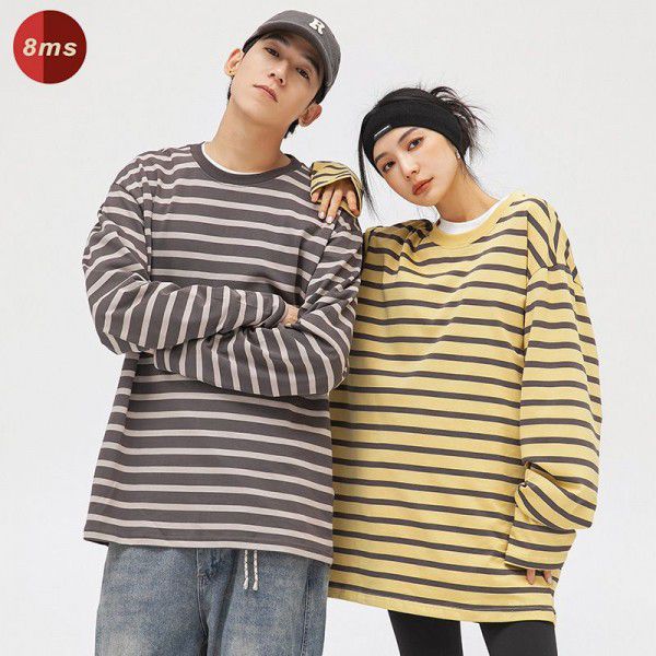 American Cotton Couple Stripe Long Sleeve T-shirt Men's Spring Fashion Brand New Loose Versatile Bottom Shirt Top 
