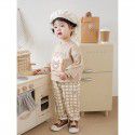 Children's Bread Bear Strap Pants Baby Cartoon Sweater Set Spring Girls' Casual Pants 