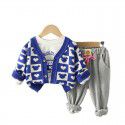 Autumn Girls' Knitted Cardigan Coat Printed Long Sleeve T-shirt Casual Pants 3PK Set 