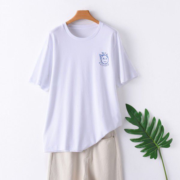 Summer New Print Parent-child Short Sleeve T-shirt Casual Women's Fashion Loose Round Neck Mercerized Cotton Bottom Top 