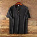 Vintage Henry Neck Men's Solid Loose Versatile Knitted Large Short Sleeve Men's T-Shirt 