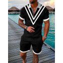 European and American men's new supply casual color contrast POLO zippered polo short sleeve suit 