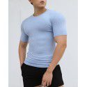 New sports short-sleeved men's summer solid color stripe fitness training casual high stretch fit T-shirt top 