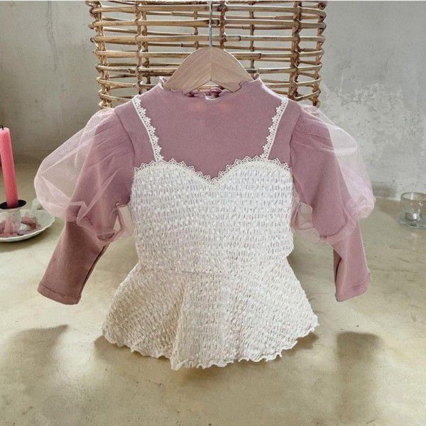Autumn girls' foreign fashion fake two pieces of bubble sleeve princess long-sleeved top children's fashion sling T-shirt 