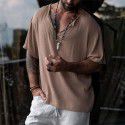 Summer Street Fashion Men's V-Neck Shirt Casual Loose Solid Neck Medium Sleeve T-shirt in Europe and America 