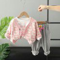 Autumn Girls' Knitted Cardigan Coat Printed Long Sleeve T-shirt Casual Pants 3PK Set 