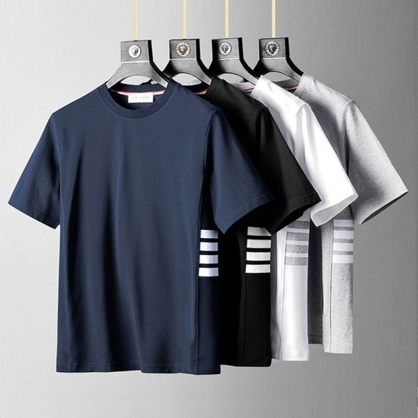 Fashion Brand Half Sleeve Side Stripe Cotton Summer Round Neck Short Sleeve T-shirt Casual Fashion Men's Couple Dress 
