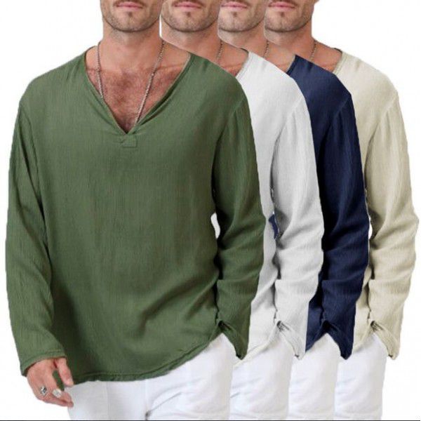 Fashion New Cotton Linen National Style Loose Fit Men's V-neck Solid Long Sleeve T-shirt 
