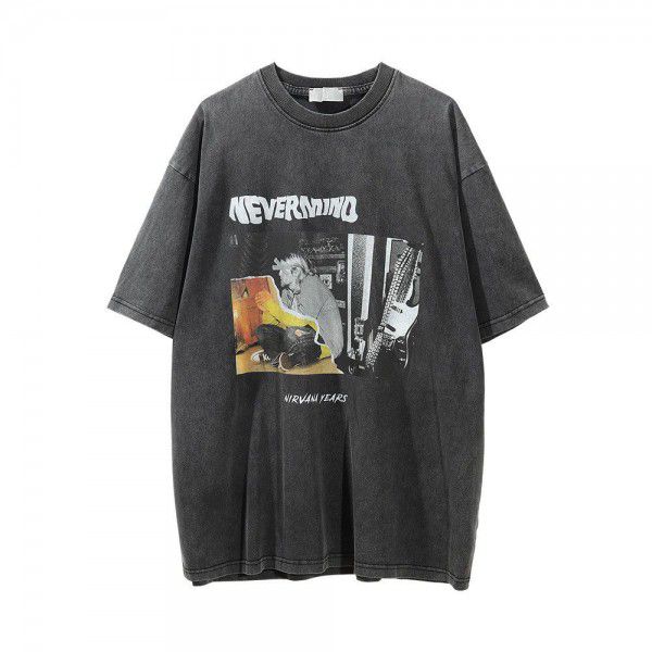 Figure print washed old short-sleeved T-shirt Men's American fashion brand loose round neck ins summer trend quarter sleeve 