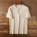 Vintage Henry Neck Men's Solid Loose Versatile Knitted Large Short Sleeve Men's T-Shirt 