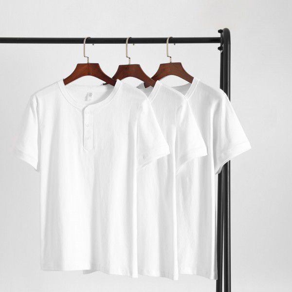 American Kaki Vintage Heavyweight Henley Shirt Men's Loose Thick Short Sleeve T-shirt Underlay Shirt Men 