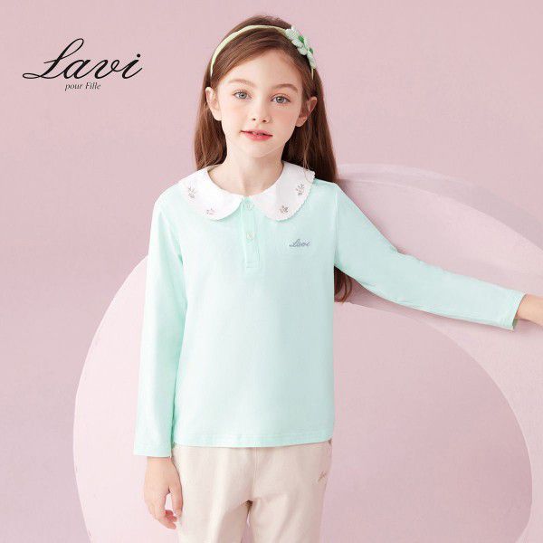Spring New T-shirt Long Sleeve Girls' Polo Top Medium and Large Children's Wear Girls' T-shirt Casual 