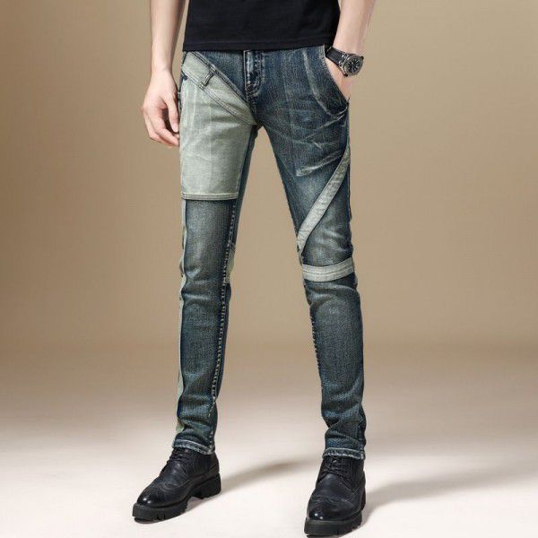 Autumn new high-end motorcycle stitching stretch jeans Men's slim fit small foot casual heavy work retro personalized pants 