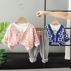 Autumn Girls' Knitted Cardigan Coat Printed Long Sleeve T-shirt Casual Pants 3PK Set 