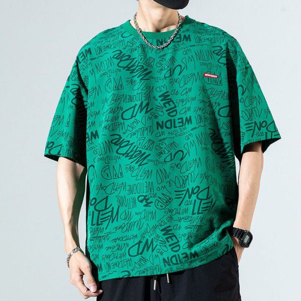 Japanese men's summer ice silk thin short-sleeved t-shirt full print trend loose size Japanese pullover bottom shirt men 