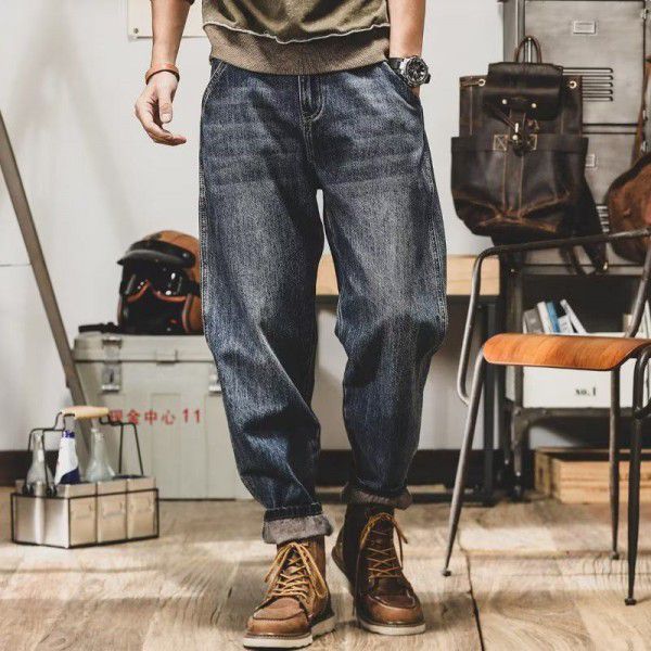 American heavy weight vintage jeans men's straight casual trousers Korean wear-resistant work clothes tapered Haren trousers worn out 