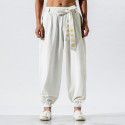 Spring and Summer New Men's Casual Cotton Linen Pants Men's Chinese Style Loose Embroidered Harun Pants Linen Pants 