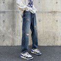 Broken jeans Men's high street Hong Kong style loose straight pants Spring and Autumn fashion brand vintage casual wide leg pants 