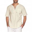Summer new European and American street men's short-sleeved T-shirt cotton and hemp lace casual fashion T-shirt 