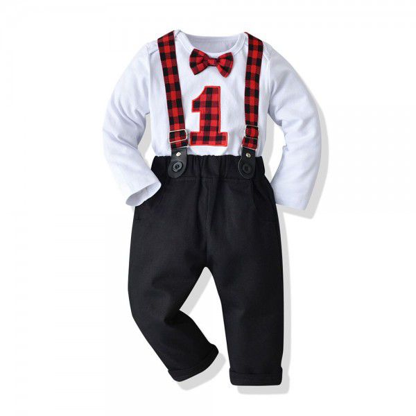 Baby Boys Fall Long Sleeve T-shirt Strap Pants Boys Set Gentleman Bowtie Cotton Creeper 