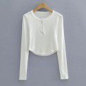 Summer Euro American Style Round Neck Half Open Button Curved Edge Slim Fit Short Top Round Neck Slim Fit Women's T-Shirt 