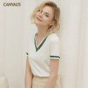 Summer New Cotton V-Neck Ribbon Loose European and American Temperament Short Sleeve T-shirt Women's Top 