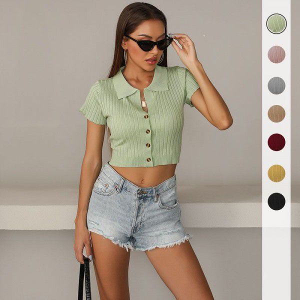 Summer Hot Sale Solid Color Polo Short T-shirt Women's European and American Slim Fit Knitted Short Sleeve Top 