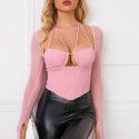 Summer Sexy Mesh Square Neck Hollow Out Perspective Umbilical T-shirt Top Female