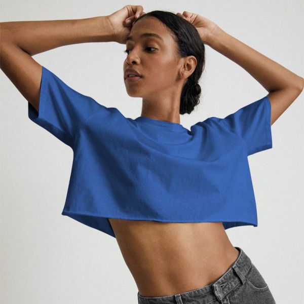 American Spicy Girls Short Sleeve T-shirt Women's Summer New Pure Cotton Short Cut Open Umbilical Round Neck Sports Top Fashion