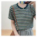 Stripe color matching short sleeved t-shirt for trendy women, pure cotton bottom shirt, summer loose design, and sense of top
