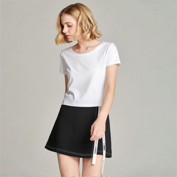T-shirt Women's Short Cotton High Waist Summer Loose Simple Round Neck Korean Versatile Solid Color T-shirt 