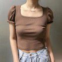 Wood ear edge bubble sleeve square collar exposed collarbone short sleeved T-shirt for women