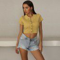 Summer Hot Sale Solid Color Polo Short T-shirt Women's European and American Slim Fit Knitted Short Sleeve Top 