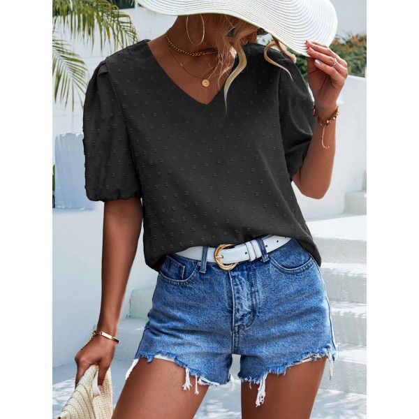 Spring/Summer New Product Hot Selling V-Neck Dot Jacquard Short Sleeve T-shirt Casual Top for Women