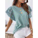 Summer New Solid Round Neck Panel Lace Flying Sleeve Short Sleeve T-shirt Top Women 