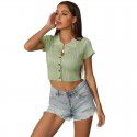 Summer Hot Sale Solid Color Polo Short T-shirt Women's European and American Slim Fit Knitted Short Sleeve Top 