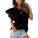 Summer New Solid Round Neck Panel Lace Flying Sleeve Short Sleeve T-shirt Top Women 