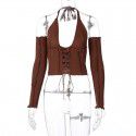 Spring/Summer New Reversed Side Chest Lace Up Neck Strap Independent Long Sleeve T-shirt Female