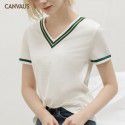 Summer New Cotton V-Neck Ribbon Loose European and American Temperament Short Sleeve T-shirt Women's Top 