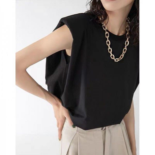 Summer French white right-angled shoulder vest, camisole, female minority design, thin shoulder pad, sleeveless T-shirt, loose top 