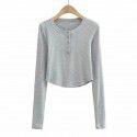 Summer Euro American Style Round Neck Half Open Button Curved Edge Slim Fit Short Top Round Neck Slim Fit Women's T-Shirt 