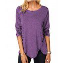 Spring/Summer Hot Style Irregular Button Hem Long Sleeve Crew Neck T-shirt 