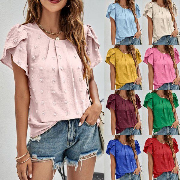 Summer New Round Neck Casual Tulip Sleeve T-shirt Jacquard Top Women 