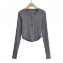 Summer Euro American Style Round Neck Half Open Button Curved Edge Slim Fit Short Top Round Neck Slim Fit Women's T-Shirt 